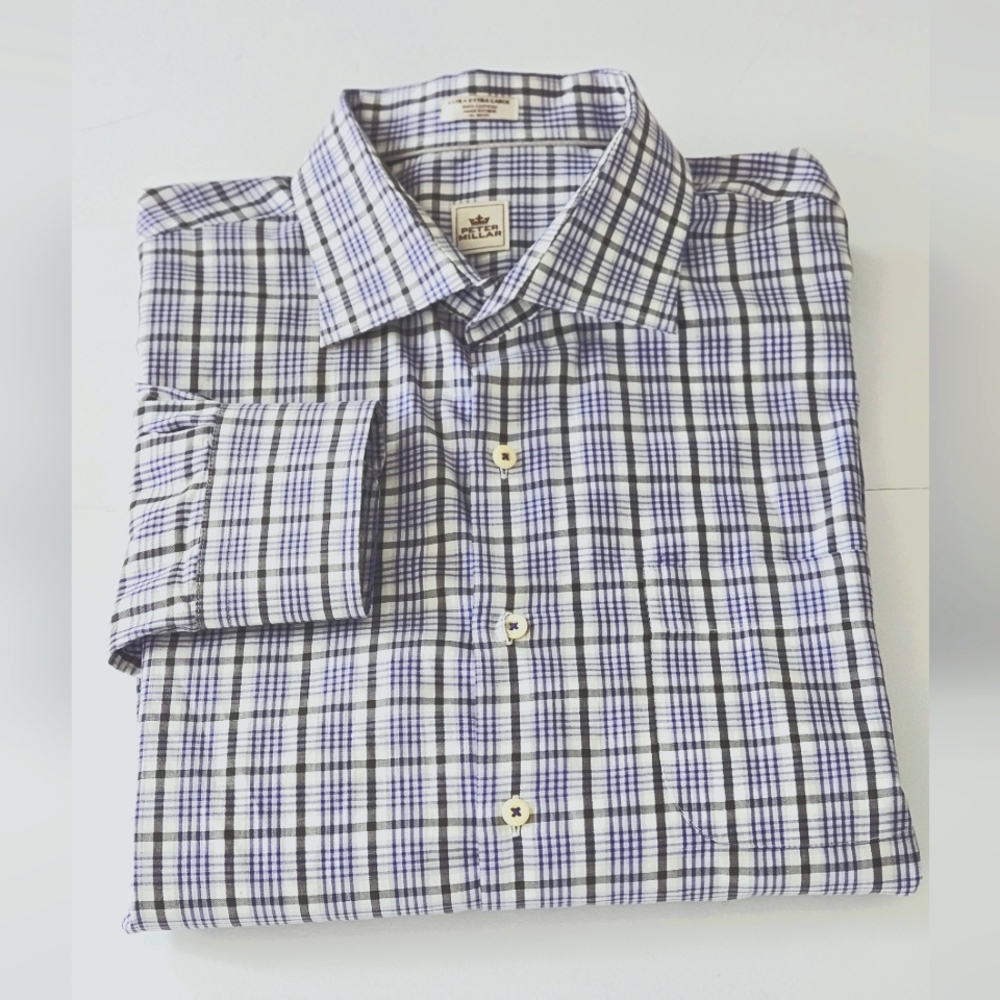 Peter Millar Mens Purple/White Plaid Shirt XXL 100% Cotton Button-Up Lon…